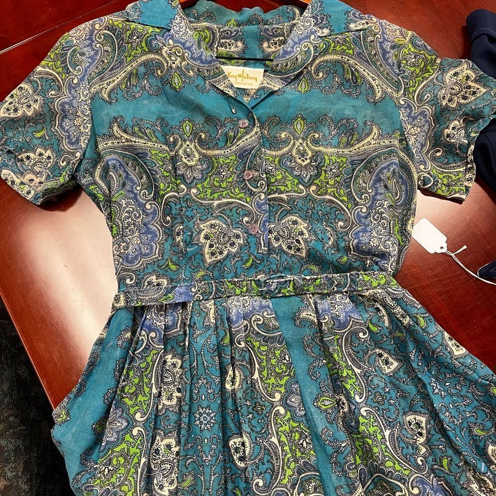 Vintage Kay Whitney Sheer Blue Paisley Belted Dress sz 6